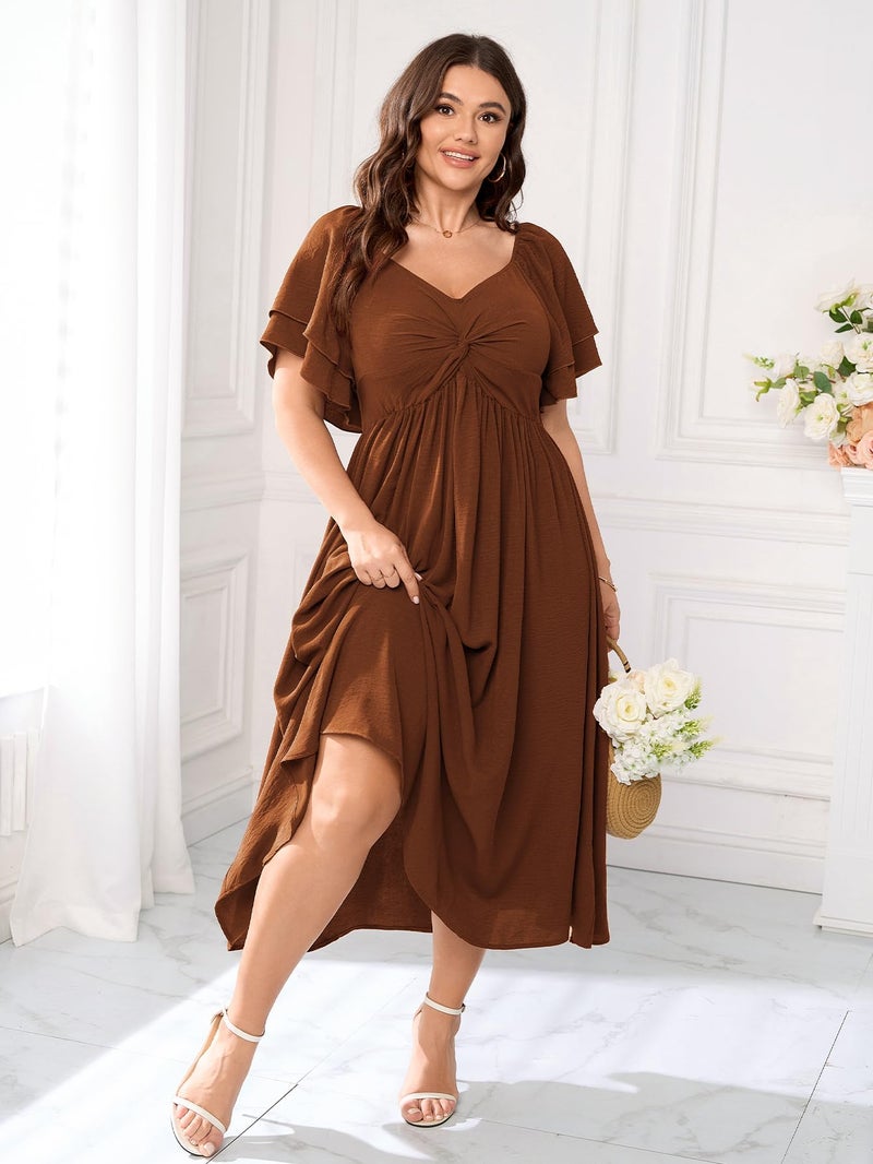 SCOMCHIC Women's Plus Size Wedding Guest Cocktail Dresses Sweetheart Neckline Ruffle Sleeve A Line Maxi Dress Rust - Image 4