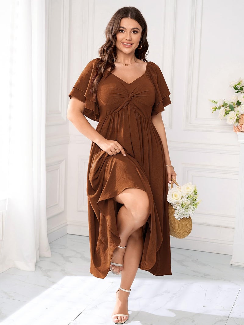 SCOMCHIC Women's Plus Size Wedding Guest Cocktail Dresses Sweetheart Neckline Ruffle Sleeve A Line Maxi Dress Rust - Image 5