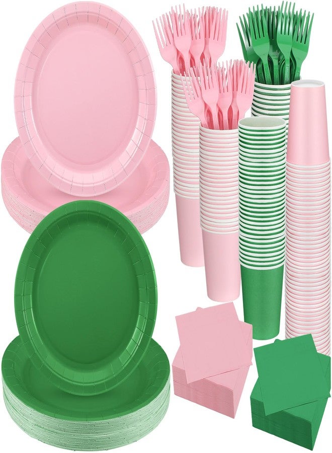 Willinglong 96 Sets/ 384 Pcs Green and Pink Witch Party Decoration Pink and Green Paper Plates Napkins Cups and Fork Decorations for Girl Birthday Decorations - Image 1
