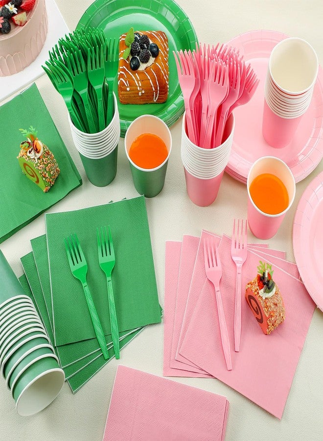 Willinglong 96 Sets/ 384 Pcs Green and Pink Witch Party Decoration Pink and Green Paper Plates Napkins Cups and Fork Decorations for Girl Birthday Decorations - Image 5