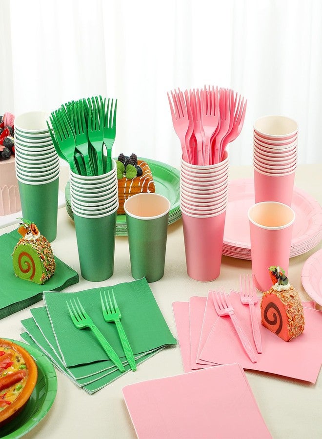Willinglong 96 Sets/ 384 Pcs Green and Pink Witch Party Decoration Pink and Green Paper Plates Napkins Cups and Fork Decorations for Girl Birthday Decorations - Image 4