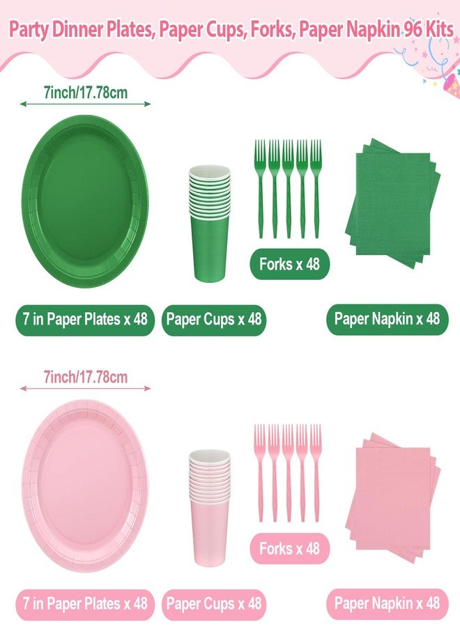 Willinglong 96 Sets/ 384 Pcs Green and Pink Witch Party Decoration Pink and Green Paper Plates Napkins Cups and Fork Decorations for Girl Birthday Decorations - Image 2