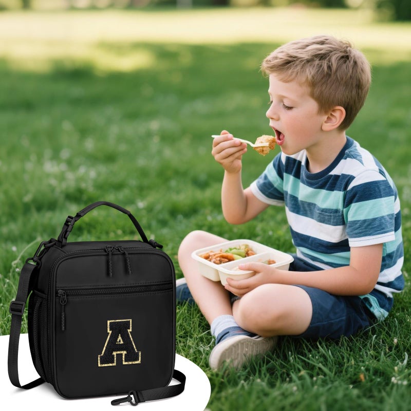 CLOUDWINGS Initial Insulated Lunch Bag for Boys Kids, Back to School Gift, Reusable Leak-proof Lunch Box with Adjustable Strap for School Daycare Travel Picnicï¼ˆBlackï¼ŒAï¼‰ - Image 2