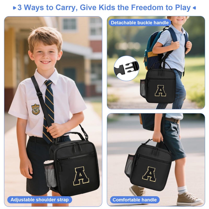 CLOUDWINGS Initial Insulated Lunch Bag for Boys Kids, Back to School Gift, Reusable Leak-proof Lunch Box with Adjustable Strap for School Daycare Travel Picnicï¼ˆBlackï¼ŒAï¼‰ - Image 4