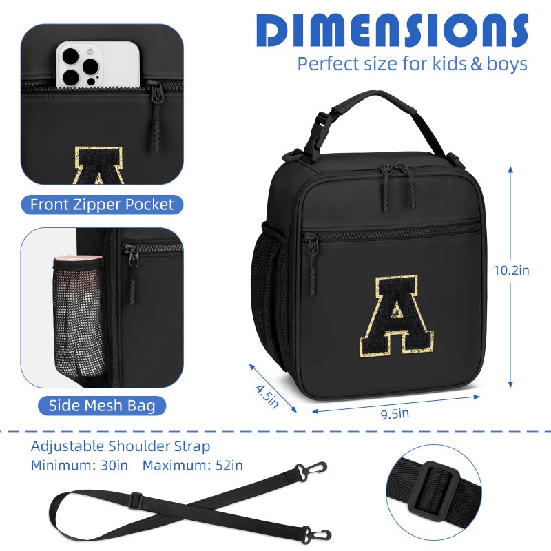 CLOUDWINGS Initial Insulated Lunch Bag for Boys Kids, Back to School Gift, Reusable Leak-proof Lunch Box with Adjustable Strap for School Daycare Travel Picnicï¼ˆBlackï¼ŒAï¼‰ - Image 3