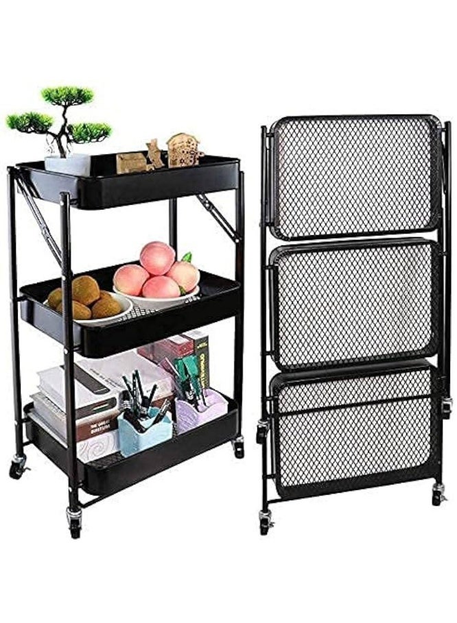 اباريك الصفا عربة تخزين قابلة للطي بثلاث طبقات، عربة مكتب، عربات أدوات المطبخ، عربات دوارة قابلة للطي، عربة بعجلات - Image 1