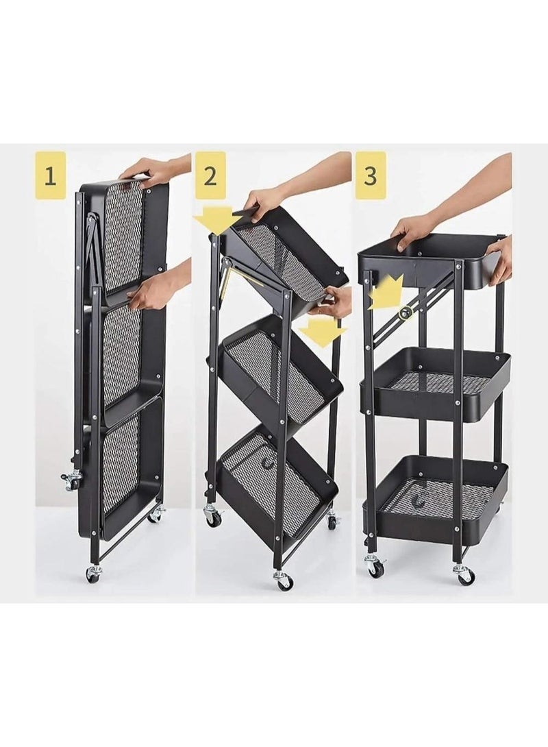 اباريك الصفا عربة تخزين قابلة للطي بثلاث طبقات، عربة مكتب، عربات أدوات المطبخ، عربات دوارة قابلة للطي، عربة بعجلات - Image 2