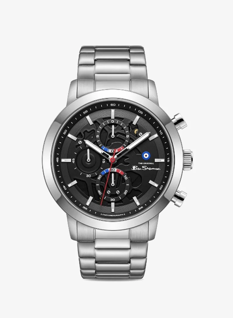 Ben Sherman Nottingham Black Dial Silver Genuine Leather Strap Chronograph Watch for Men, 44mm