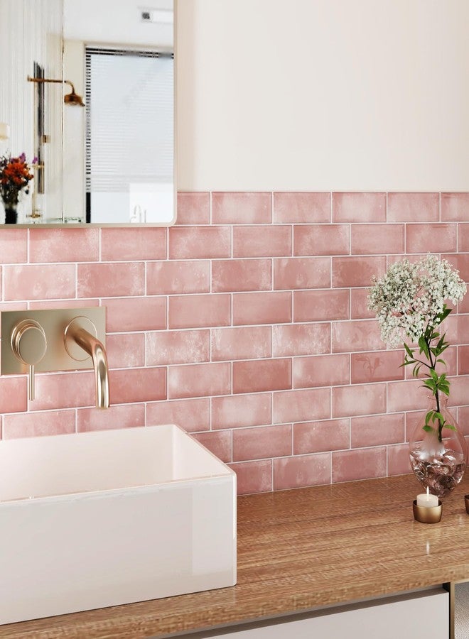 Wallercity Glossy Marble Pink Peel and Stick Backsplash 3D Self Adhesive Subway Tile Stickers for Bathroom Stick on Backsplash Tiles for Kitchen Laundry Vinyl Shiny Marble Tiles for Walls 10-Sheets - Image 1