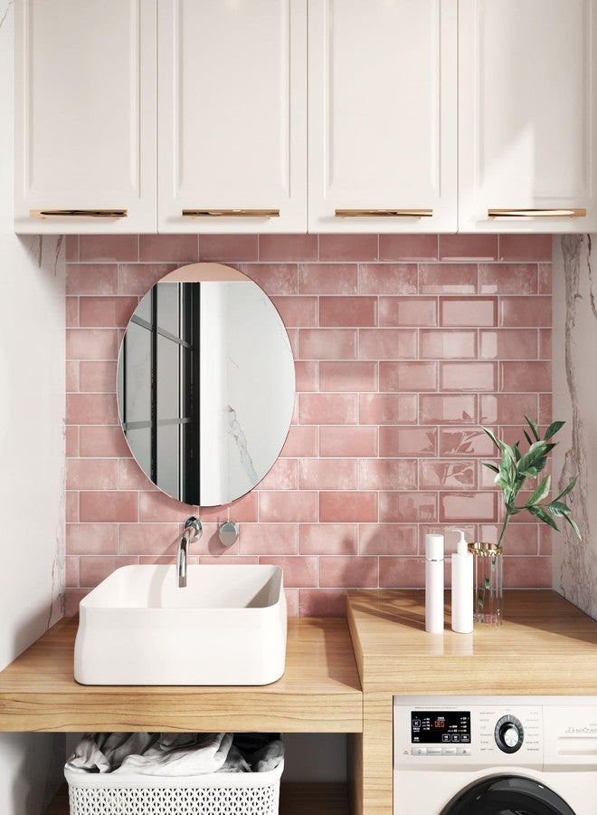 Wallercity Glossy Marble Pink Peel and Stick Backsplash 3D Self Adhesive Subway Tile Stickers for Bathroom Stick on Backsplash Tiles for Kitchen Laundry Vinyl Shiny Marble Tiles for Walls 10-Sheets - Image 3