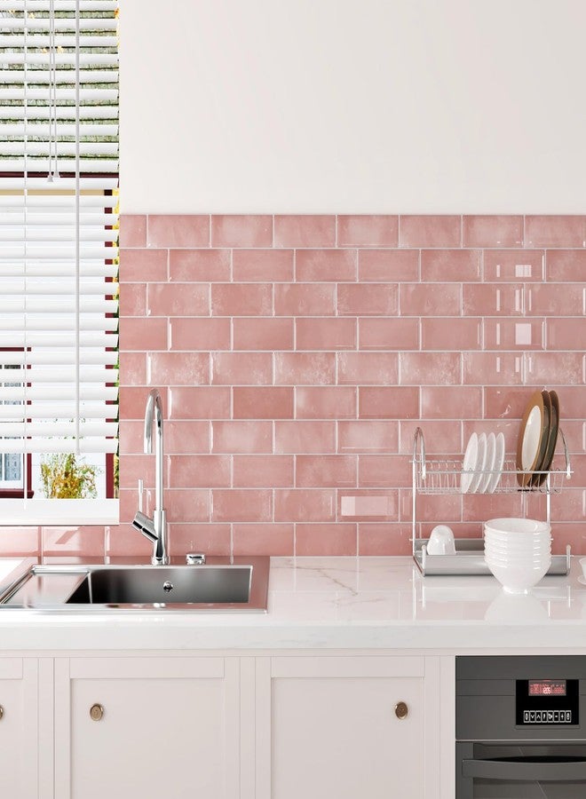 Wallercity Glossy Marble Pink Peel and Stick Backsplash 3D Self Adhesive Subway Tile Stickers for Bathroom Stick on Backsplash Tiles for Kitchen Laundry Vinyl Shiny Marble Tiles for Walls 10-Sheets - Image 2