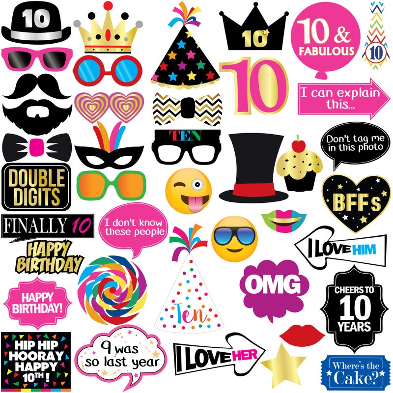 Sterling James Co. 10th Birthday Photo Booth Party Props - 40 Pieces - Funny 10th Birthday Party Supplies, Decorations and Favors - Image 1
