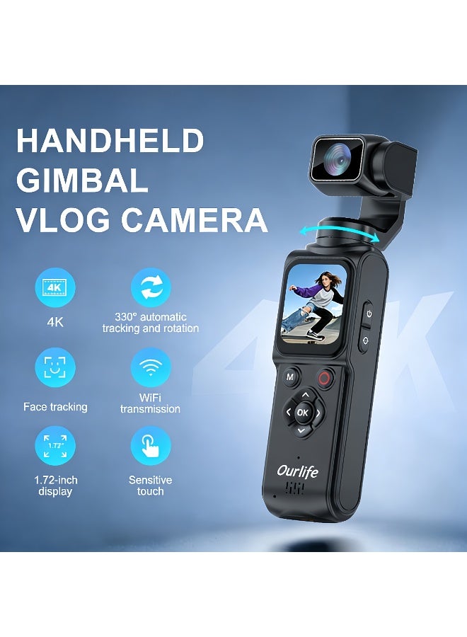 أور لايف كاميرات محمولة بدقة 4K بتقنية POV، كاميرا تصوير فيديو مع عدسة دوارة 330 درجة، كاميرا جيبية مزودة بخاصية التتبع الذكي، كاميرا تصوير فيديو جيمبال مع تسجيل صوتي وفيديو، تسجيل سهل بضغطة زر واحدة - Image 1