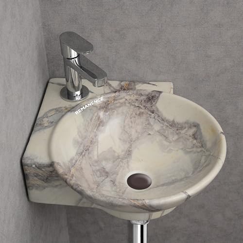 REMANENCE Wall Mounted Wash Basin for Bathroom | Ceramic Wash Basin Wall Hung Small Corner Wash Basin/Sink (16.3 x 13.8 x 4.3 Inch) (Designer Beige Grey) - Image 1