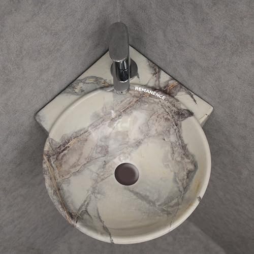 REMANENCE Wall Mounted Wash Basin for Bathroom | Ceramic Wash Basin Wall Hung Small Corner Wash Basin/Sink (16.3 x 13.8 x 4.3 Inch) (Designer Beige Grey) - Image 2
