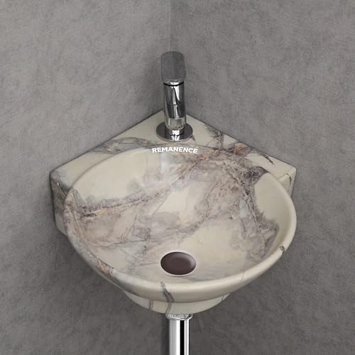 REMANENCE Wall Mounted Wash Basin for Bathroom | Ceramic Wash Basin Wall Hung Small Corner Wash Basin/Sink (16.3 x 13.8 x 4.3 Inch) (Designer Beige Grey) - Image 3