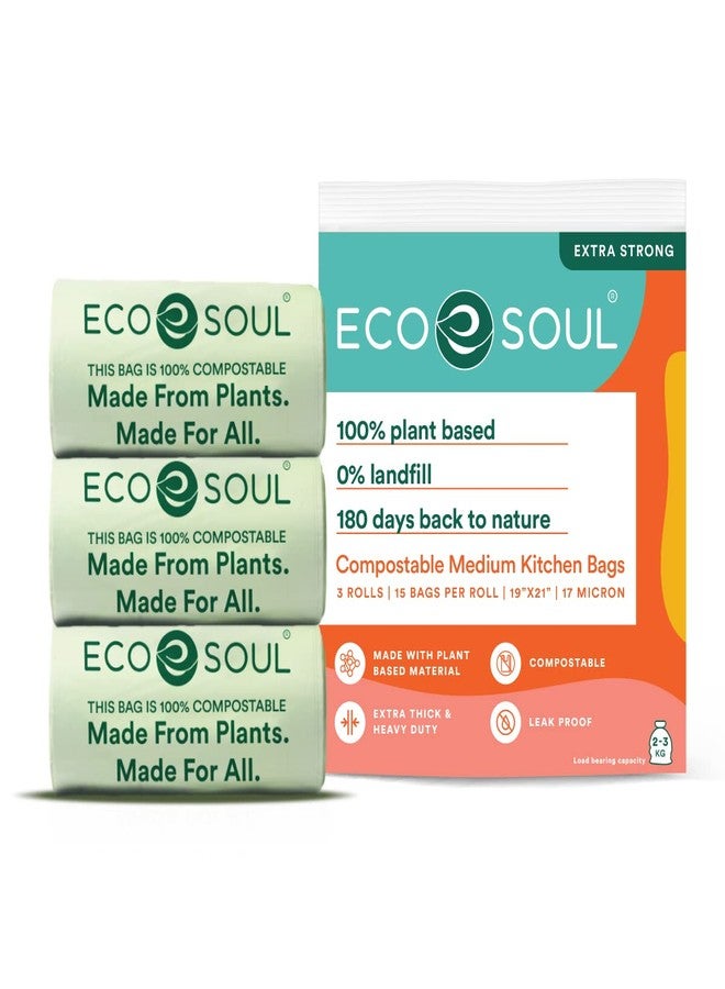 ECO SOUL [19 inch x 21 inch, 45 Pack] Medium Compostable Trash Bags | Eco-Friendly Non OXO-Biodegradable Bags for Garbage Bins | Heavy Duty & Leak-Resistant | Home, Office & Kitchen Use (48 x 53 cm) - Image 1