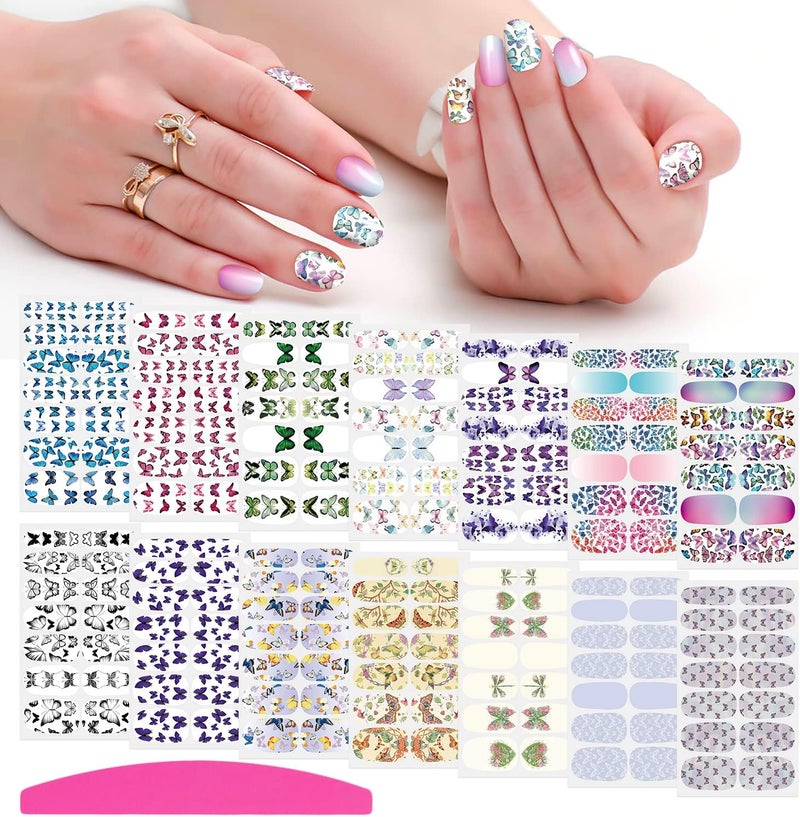 SILPECWEE 14 Sheets Butterfly Nail Wraps for Women Rainbow Nail Polish Strips Self Adhesive Nail Polish Stickers Stick on nails Gel Nail Strips Fingernail Manicure Stickers with Nail File
