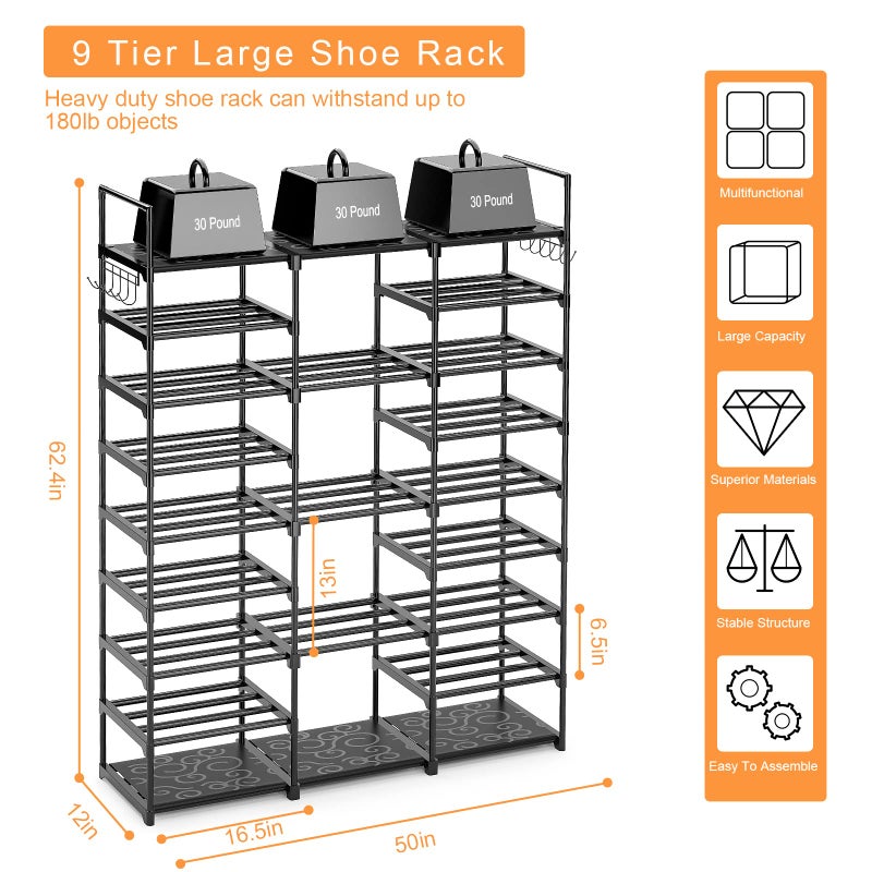 Kottwca 9-Tier Metal Shoe Rack Organizer for 50-55 Pairs - Space Saving Shoe Storage Shelf for Entryway, Closet, Bedroom, Hallway - Image 2