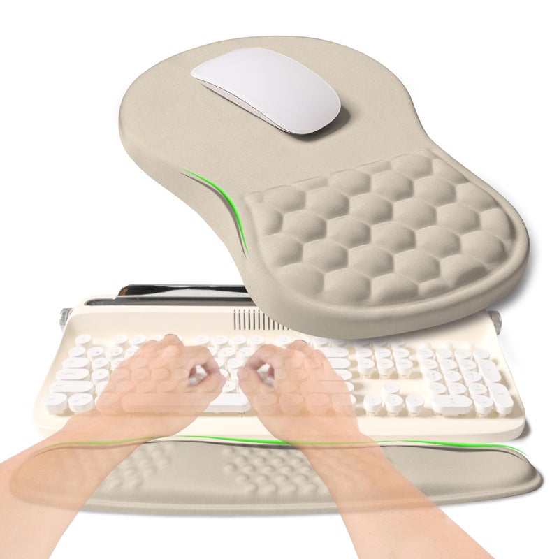 KUOSGM 2-in-1 Ergonomic Set, Wave Rise Keyboard Wrist Rest and Massage Bulge Slope Mouse Pad Wrist Support, Cushion Memory Foam Integrated to Relieve Wrist Pain, Apricot - Image 1