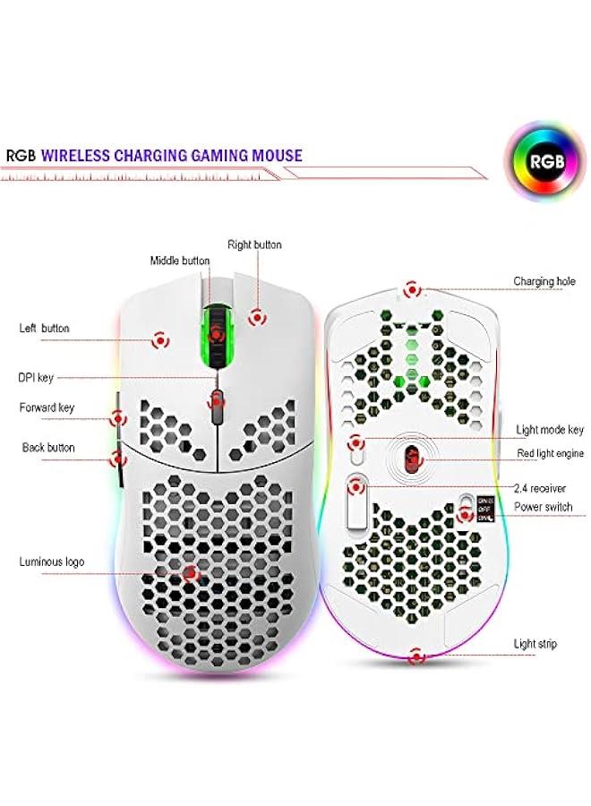 Wireless Gaming Mouse, Honeycomb Hollow Design Ergonomic Wireless Mouse with Backlight, 6 ons 4 Speed Adjustable DPI Computer Mouse Rechargeable RGB Gaming Wireless Mouse for Mac Laptop PC - Image 5