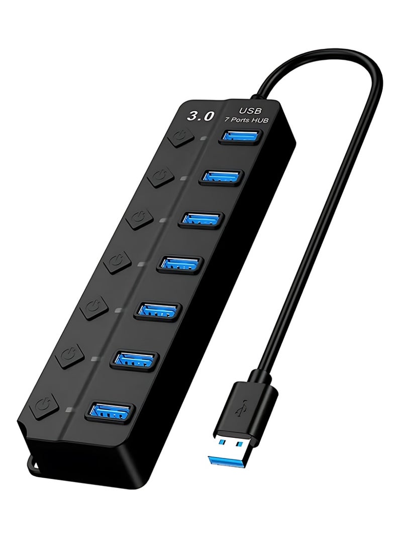 كلافون موزع USB 3.0 بسبعة منافذ مع مفاتيح تشغيل ومؤشرات ضوئية فردية، موزع بيانات عالي السرعة، موزع USB محمول لتمديد منافذ الكمبيوتر الشخصي والكمبيوتر المحمول والمزيد (بدون محول طاقة) - Image 1