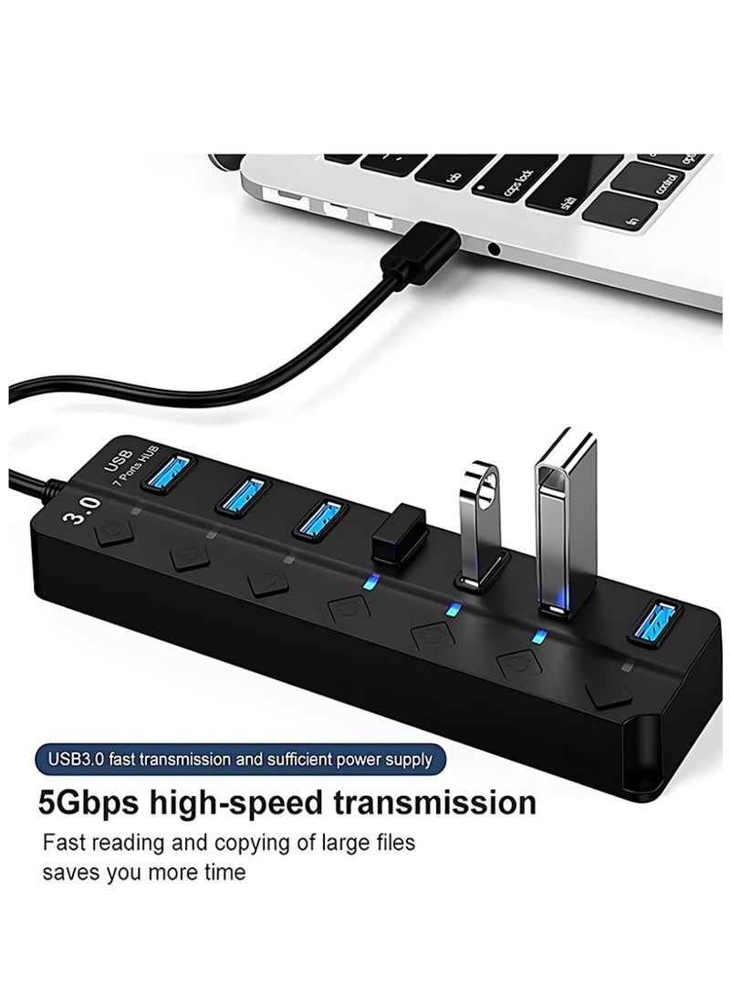 كلافون موزع USB 3.0 بسبعة منافذ مع مفاتيح تشغيل ومؤشرات ضوئية فردية، موزع بيانات عالي السرعة، موزع USB محمول لتمديد منافذ الكمبيوتر الشخصي والكمبيوتر المحمول والمزيد (بدون محول طاقة) - Image 2