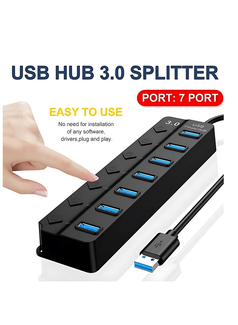 كلافون موزع USB 3.0 بسبعة منافذ مع مفاتيح تشغيل ومؤشرات ضوئية فردية، موزع بيانات عالي السرعة، موزع USB محمول لتمديد منافذ الكمبيوتر الشخصي والكمبيوتر المحمول والمزيد (بدون محول طاقة) - Image 4