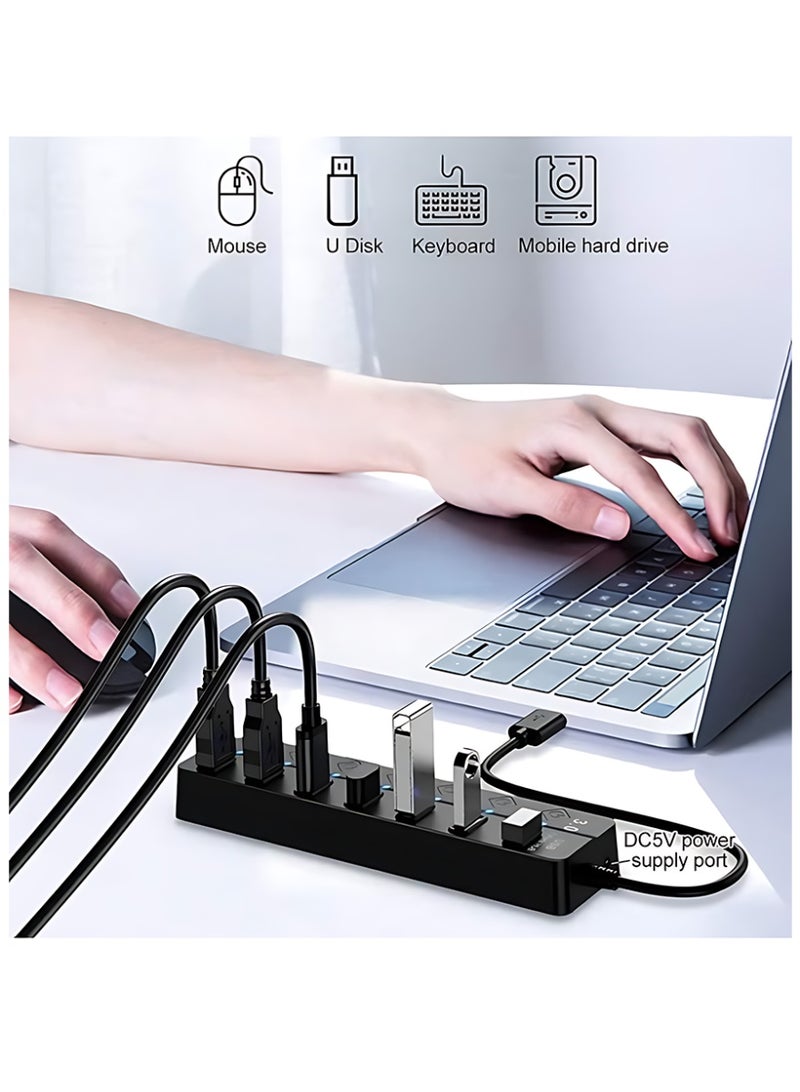 كلافون موزع USB 3.0 بسبعة منافذ مع مفاتيح تشغيل ومؤشرات ضوئية فردية، موزع بيانات عالي السرعة، موزع USB محمول لتمديد منافذ الكمبيوتر الشخصي والكمبيوتر المحمول والمزيد (بدون محول طاقة) - Image 3