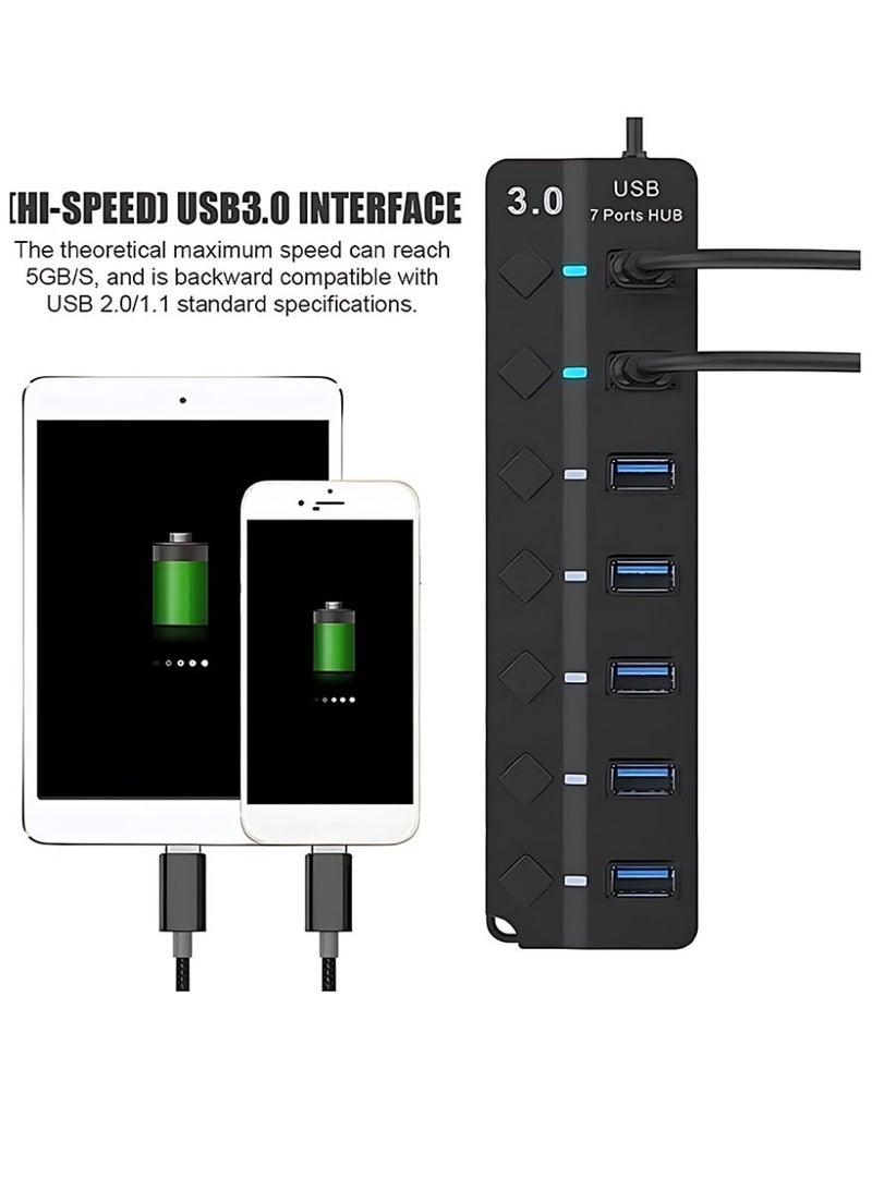 كلافون موزع USB 3.0 بسبعة منافذ مع مفاتيح تشغيل ومؤشرات ضوئية فردية، موزع بيانات عالي السرعة، موزع USB محمول لتمديد منافذ الكمبيوتر الشخصي والكمبيوتر المحمول والمزيد (بدون محول طاقة) - Image 5