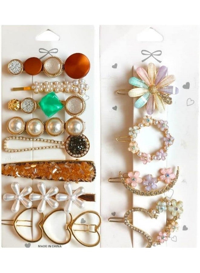 Blubby Korean Style Pearl Metal Hair clips, Rhinestones Plastic Pearl Barrettes Flower Lock Pin Hair Accessories for Women & Girls, Multicolor, Pack of 12 - Image 1