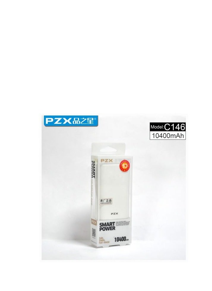 pzx-c146 باور بانك سريع الشحن بسعة 10400 مل امبير بمخرج يو اس بي و مخرج تايب اي و كشاف ليد بتصميم انيق وخامات عالية الجودة اللون-ابيض