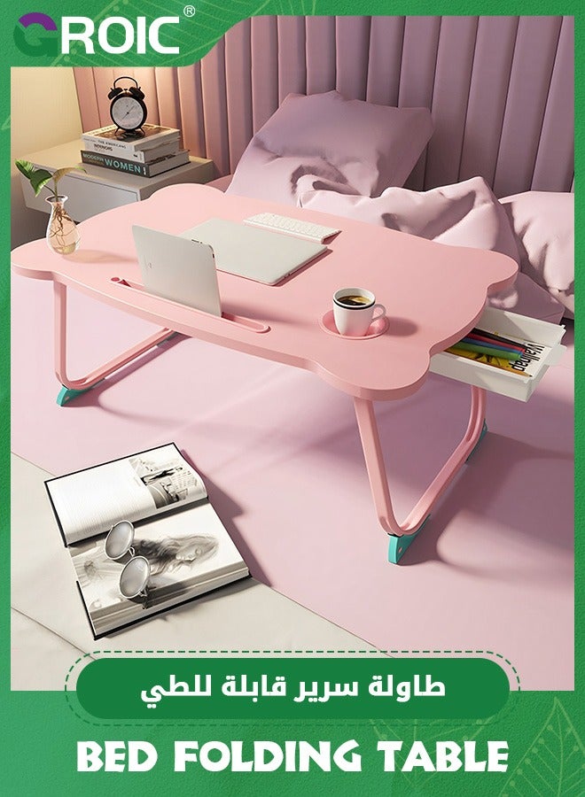 GROIC Bed Folding Tables, Portable Laptop Stand Bed Desk with Drawers, Tray and Cup Holder, Laptop Desk Lap Desk, Foldable Legs Reading Holder Notebook Stand for Working on Bed/Sofa Couch - Pink - Image 4