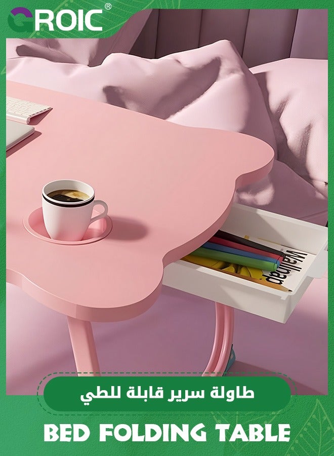 GROIC Bed Folding Tables, Portable Laptop Stand Bed Desk with Drawers, Tray and Cup Holder, Laptop Desk Lap Desk, Foldable Legs Reading Holder Notebook Stand for Working on Bed/Sofa Couch - Pink - Image 5