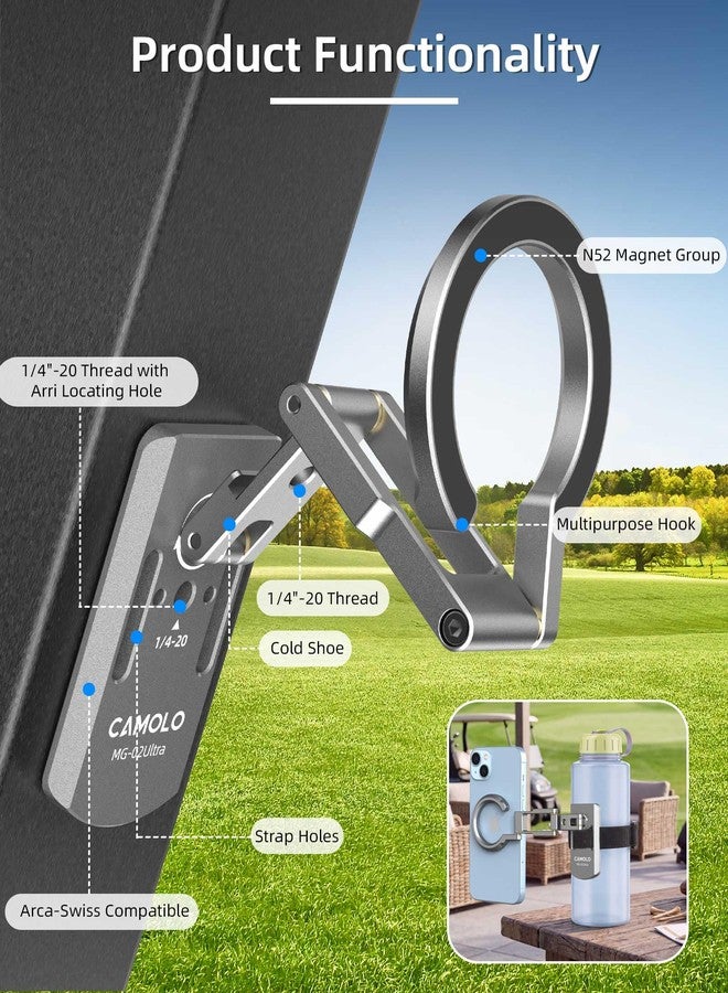 CAMOLO GEEK Dual-Sided Magnetic Aluminum Golf Cart Phone Holder w 1/4" Screw & Cold Shoe & Arca & Safety Strap, Compatible with MagSafe iPhone, Fits EZGO, Club Car, Yamaha, Golf Cart Accessories，Golf & Gym Gifts - Image 1
