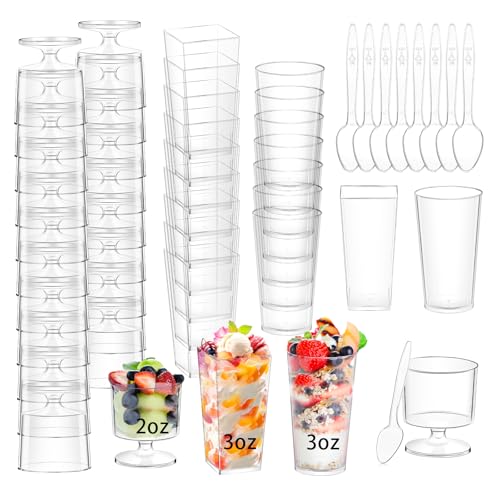ALEXPRE 240 Packs 2/3 oz Mini Dessert Cups with Spoons, Square/Round/Round Goblet Clear Dessert Parfait Cups, Mini Plastic Dessert Cups Small Reusable Fruit Ice Cream Pudding Appetizer Cup Bowls - Image 1