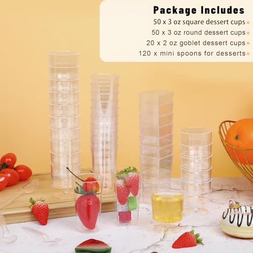 ALEXPRE 240 Packs 2/3 oz Mini Dessert Cups with Spoons, Square/Round/Round Goblet Clear Dessert Parfait Cups, Mini Plastic Dessert Cups Small Reusable Fruit Ice Cream Pudding Appetizer Cup Bowls - Image 3