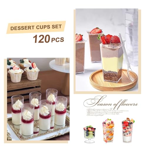 ALEXPRE 240 Packs 2/3 oz Mini Dessert Cups with Spoons, Square/Round/Round Goblet Clear Dessert Parfait Cups, Mini Plastic Dessert Cups Small Reusable Fruit Ice Cream Pudding Appetizer Cup Bowls - Image 4