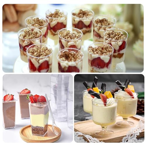 ALEXPRE 240 Packs 2/3 oz Mini Dessert Cups with Spoons, Square/Round/Round Goblet Clear Dessert Parfait Cups, Mini Plastic Dessert Cups Small Reusable Fruit Ice Cream Pudding Appetizer Cup Bowls - Image 5