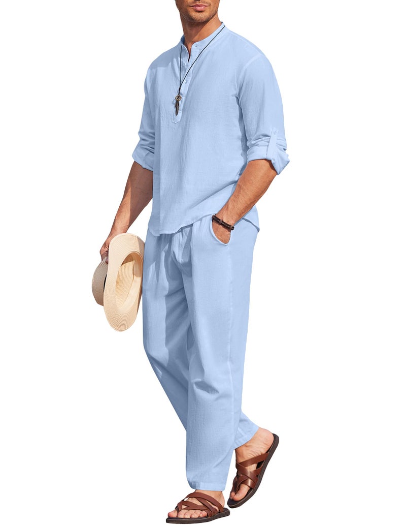 COOFANDY Mens 2 Pieces Cotton Linen Set Long Sleeve Henley Shirts Casual Beach Pants With Pockets Summer Yoga Outfits - Image 2