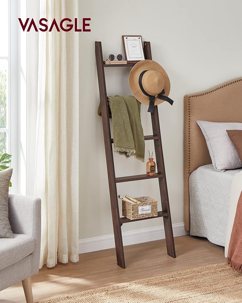 VASAGLE Blanket Ladder Decorative Farmhouse for The Living Room, 5-Tier Ladder Shelf, Ladder Rack for Storage and Decor, Maroon Brown ULLS018T51 - Image 2