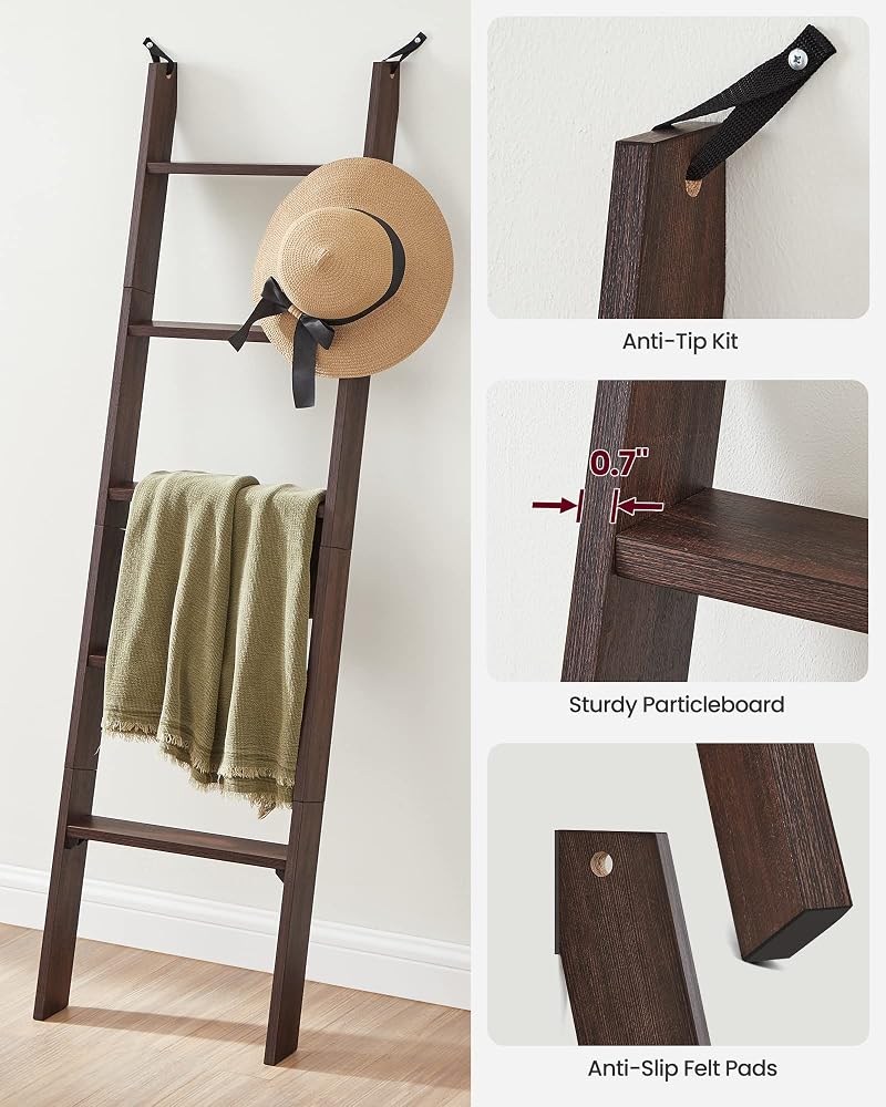 VASAGLE Blanket Ladder Decorative Farmhouse for The Living Room, 5-Tier Ladder Shelf, Ladder Rack for Storage and Decor, Maroon Brown ULLS018T51 - Image 4