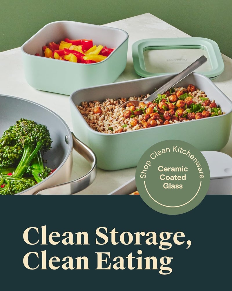 CARAWAY 6.6 Cup Glass Food Container, Ceramic Coated, Non-Toxic, Non-Stick, with Glass Lids, Dishwasher, Oven and Microwave Safe, Sage - Image 2