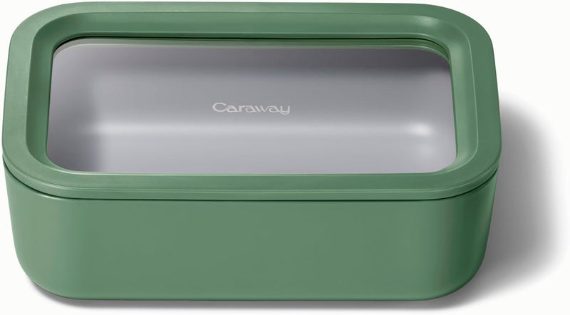CARAWAY 6.6 Cup Glass Food Container, Ceramic Coated, Non-Toxic, Non-Stick, with Glass Lids, Dishwasher, Oven and Microwave Safe, Sage - Image 1