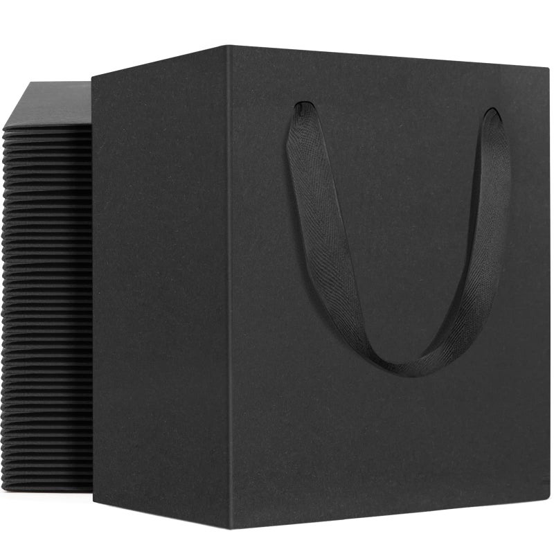 حقائب تغليف هدايا صغيرة سوداء EUSOAR عبوة 50 4x275x45 بوصة أكياس ورقية بمقابض حقائب ثقيلة للجملة لحفلات الزفاف والبقالة والمتاجر والبوتيكات وأعمال التجزئة وهدايا الحفلات واستحمام الأطفال وأعياد الميلاد