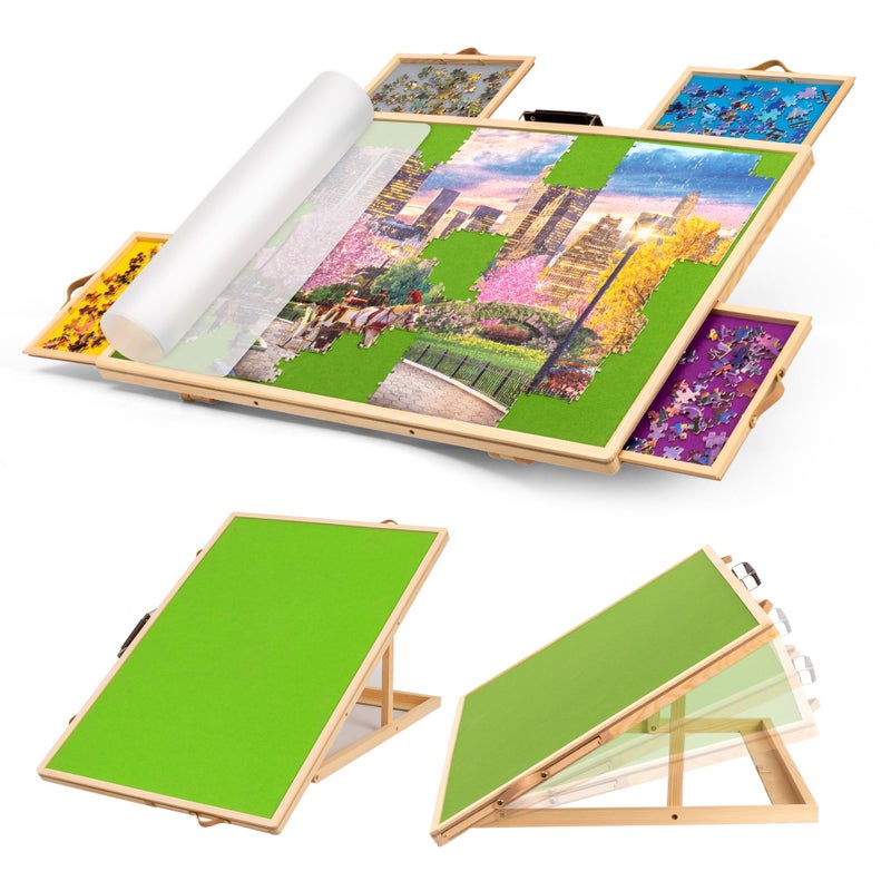 Tektalk Convertible Jigsaw Puzzle Board, Two-Way Use Adjustable Puzzle Table with Cover & 4 Colored Sorting Drawers, Tilting Wooden Plateau, for Up to 1000 Pieces - Green - Image 1