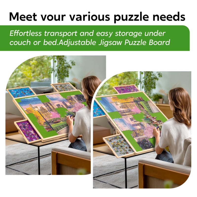 Tektalk Convertible Jigsaw Puzzle Board, Two-Way Use Adjustable Puzzle Table with Cover & 4 Colored Sorting Drawers, Tilting Wooden Plateau, for Up to 1000 Pieces - Green - Image 2