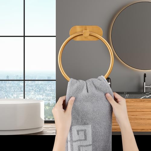 Kinbrace SelfAdhesive Towel Ring for Bathroom No Drilling Stainless Steel Rustproof Hand Towel Holder Wall Mounted Bathroom Kitchen Towel Hanger with Strong Adhesive Modern Bath Organizer Brushed Gold - Image 3