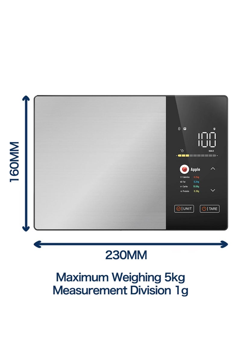 ميزان مطبخ ذكي من الفولاذ المقاوم للصدأ بوزن 5 كجم، يقيس السعرات الحرارية، البروتين، الدهون، الكربوهيدرات، والقيمة الغذائية.