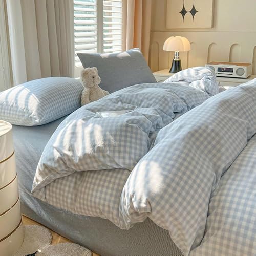 Nayoroom Gingham Duvet Cover King Size Blue White Plaid Checkered Comforter Cover Grid Farmhouse Bedding Set 3 Pcs Soft Breathable Washed Microfiber Gifts for Women Men - Image 1